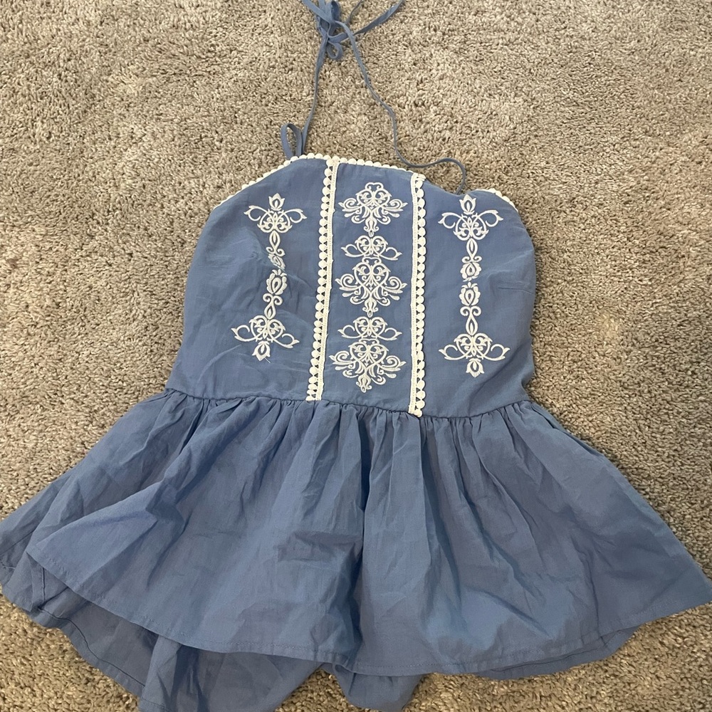 Francesca's Collections Blue Embroidered Blouse